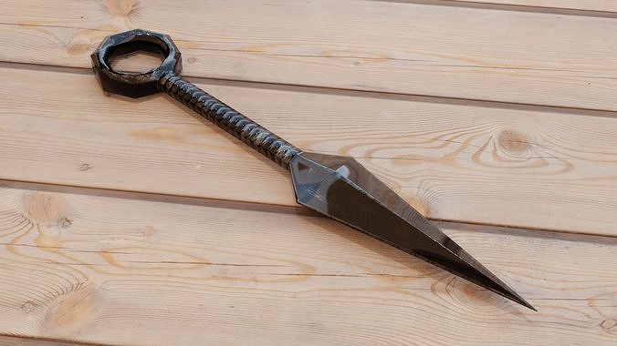 Game Ready Low Poly Kunai sword on wooden table Free low-poly 3D model
