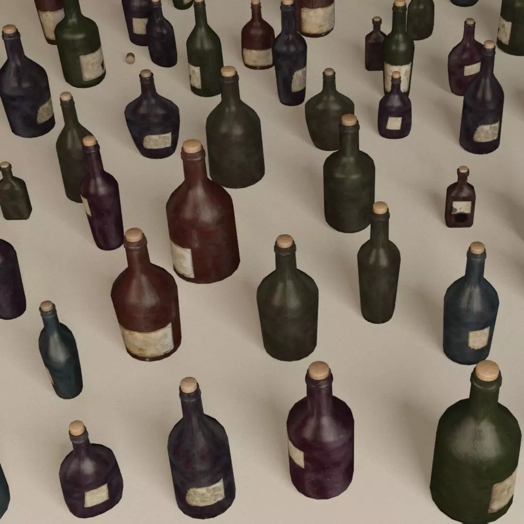 Bottles and wooden bottles cabinets Low-poly 3D model_0
