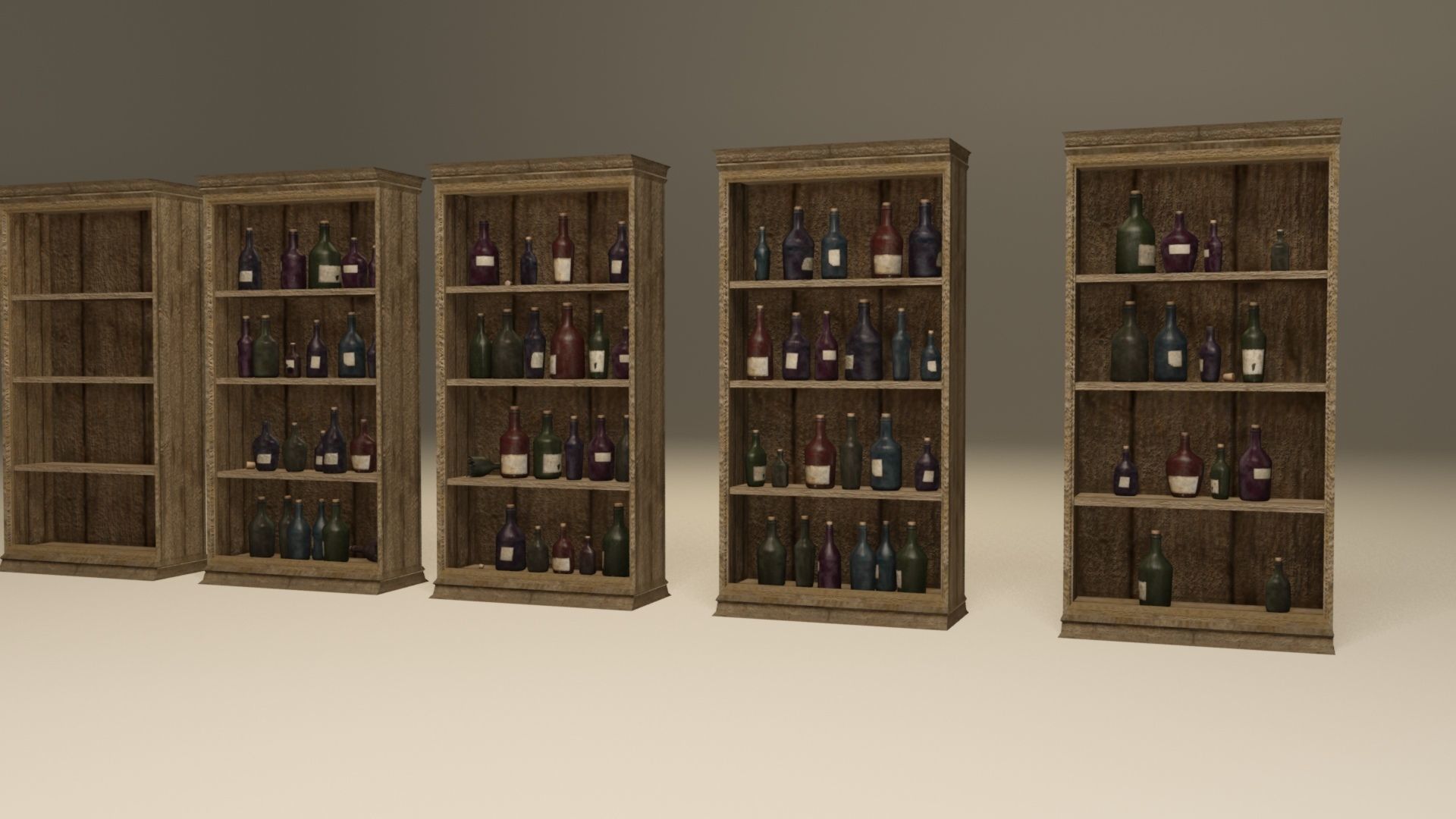Bottles and wooden bottles cabinets Low-poly 3D model_3