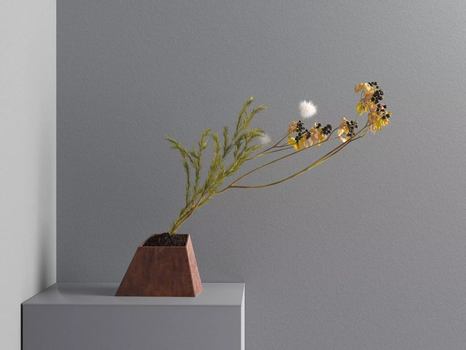 Ikebana plant in wooden box 3D model