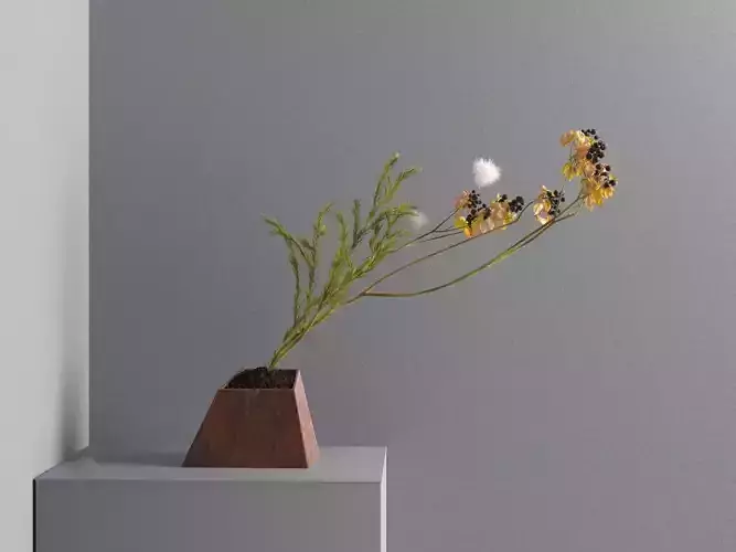 Ikebana plant in wooden box