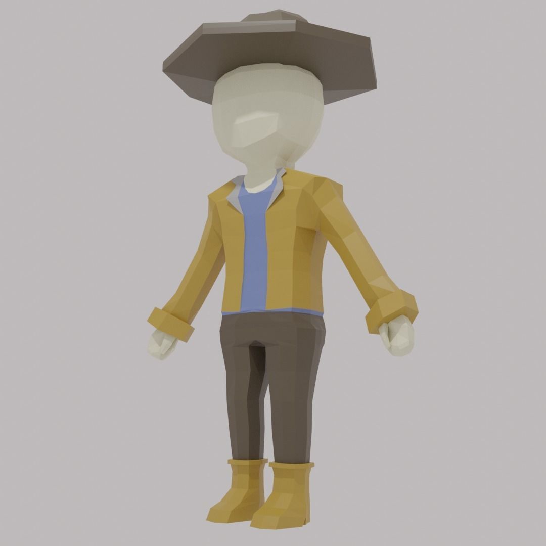 Low Poly Cowboy man in hat Low-poly 3D model_4