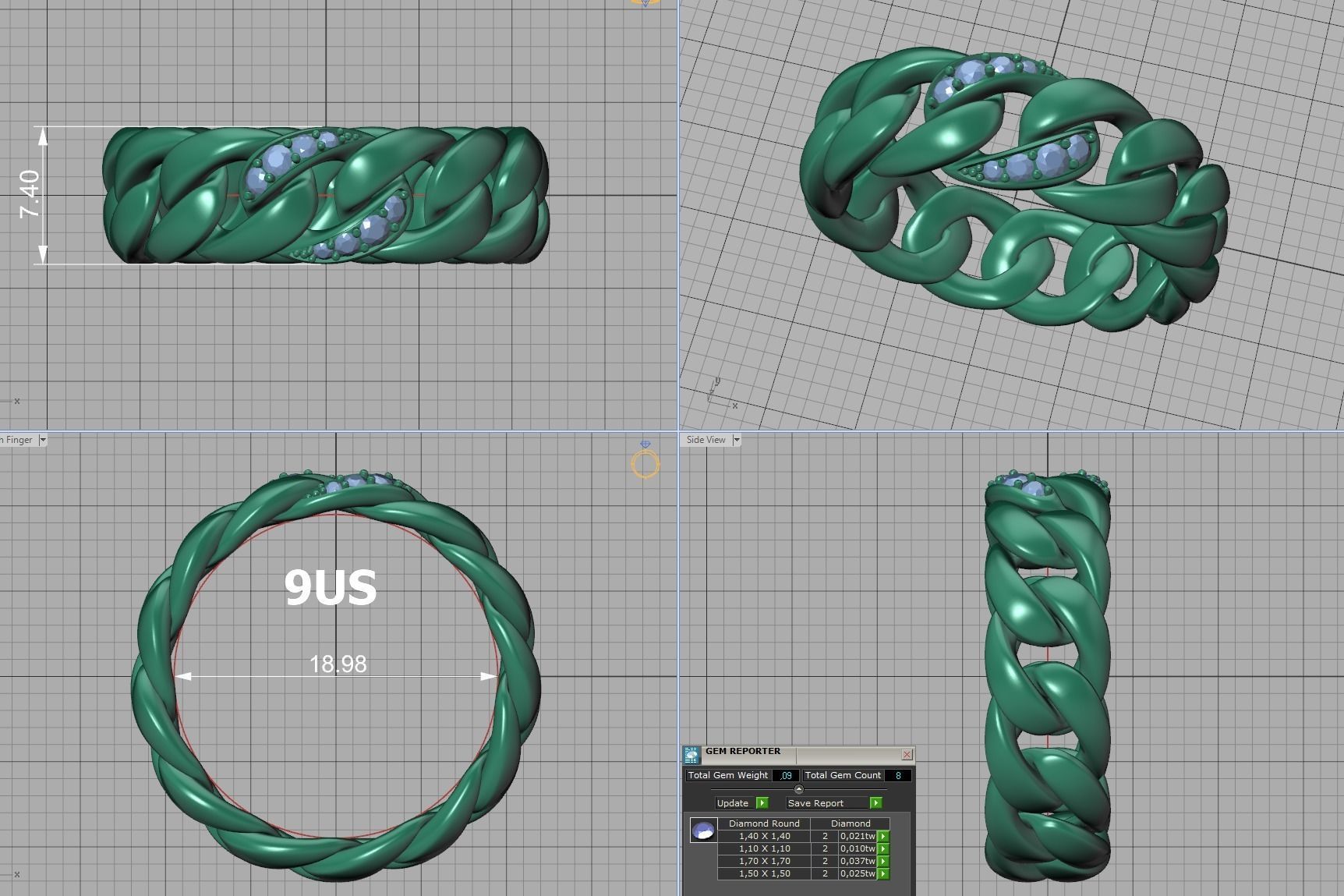 DIAMOND CUBAN LINK RING Chain Ring  9US Size 3dmodel 3D print model_14