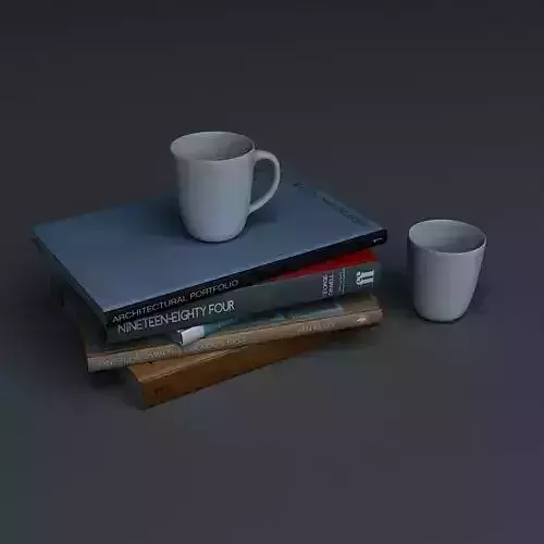 Books set two coffee cups on stack of