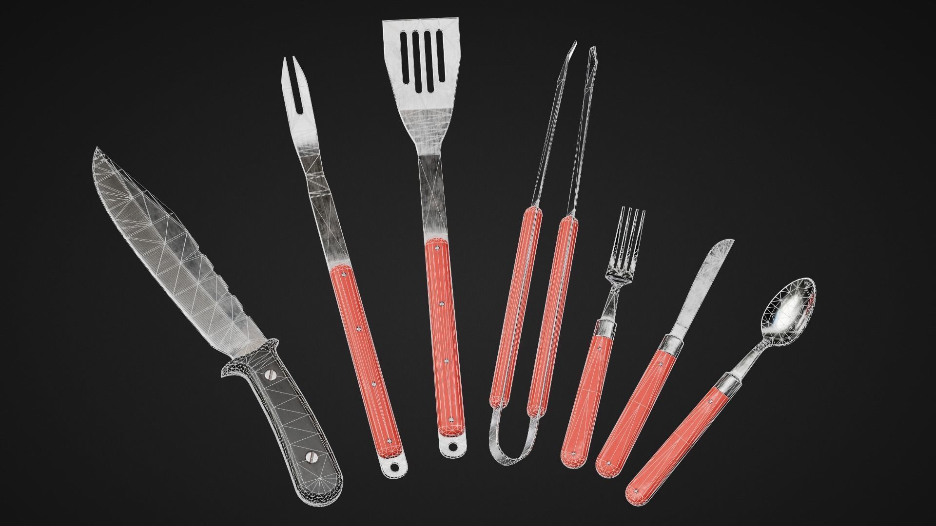 Cookware Kit and Hunting Knife Low-poly 3D model_2