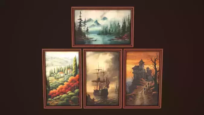 Four paintings with a frame Low-poly 3D model