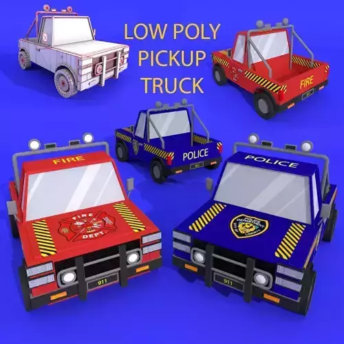 low poly pickup police and fire truck Free low-poly 3D model