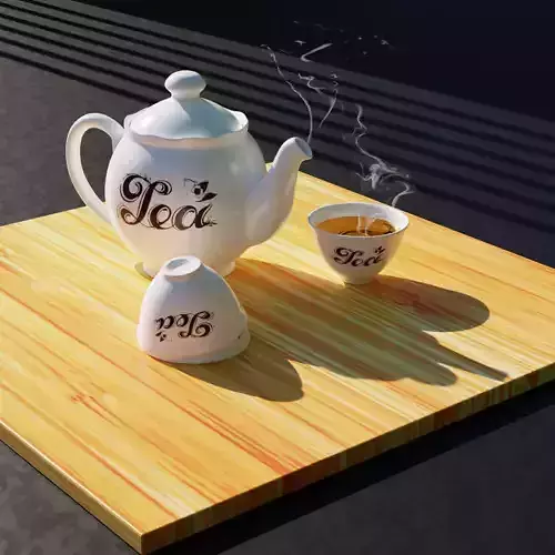 Teapot and cup on wooden table