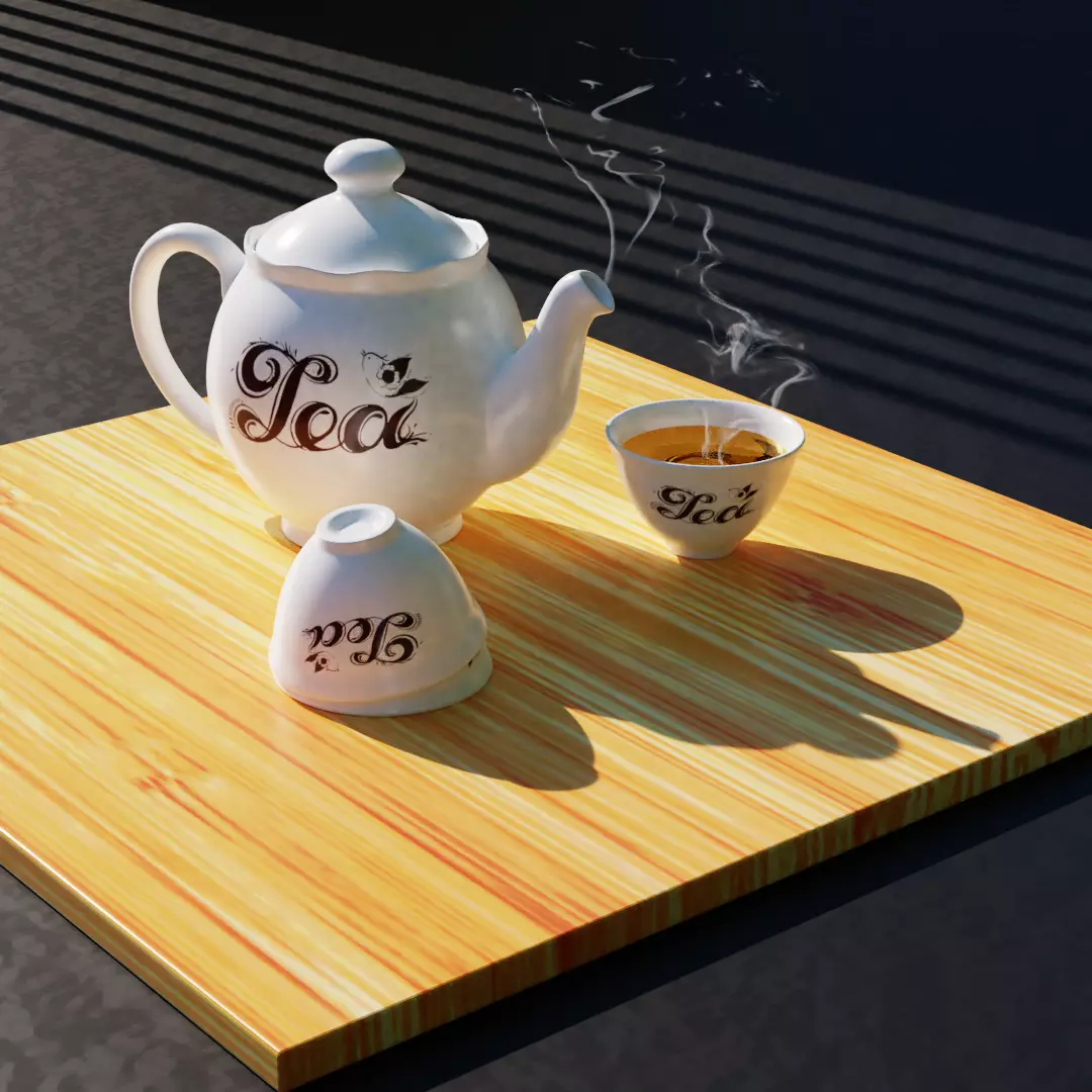 Teapot and cup on wooden table 3D model_0