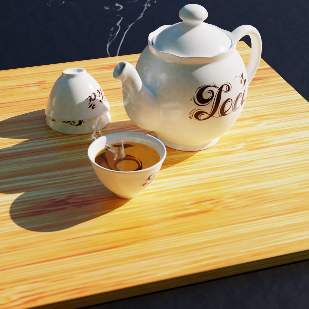 Teapot and cup on wooden table 3D model_3