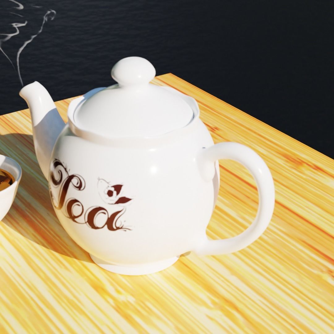 Teapot and cup on wooden table 3D model_1