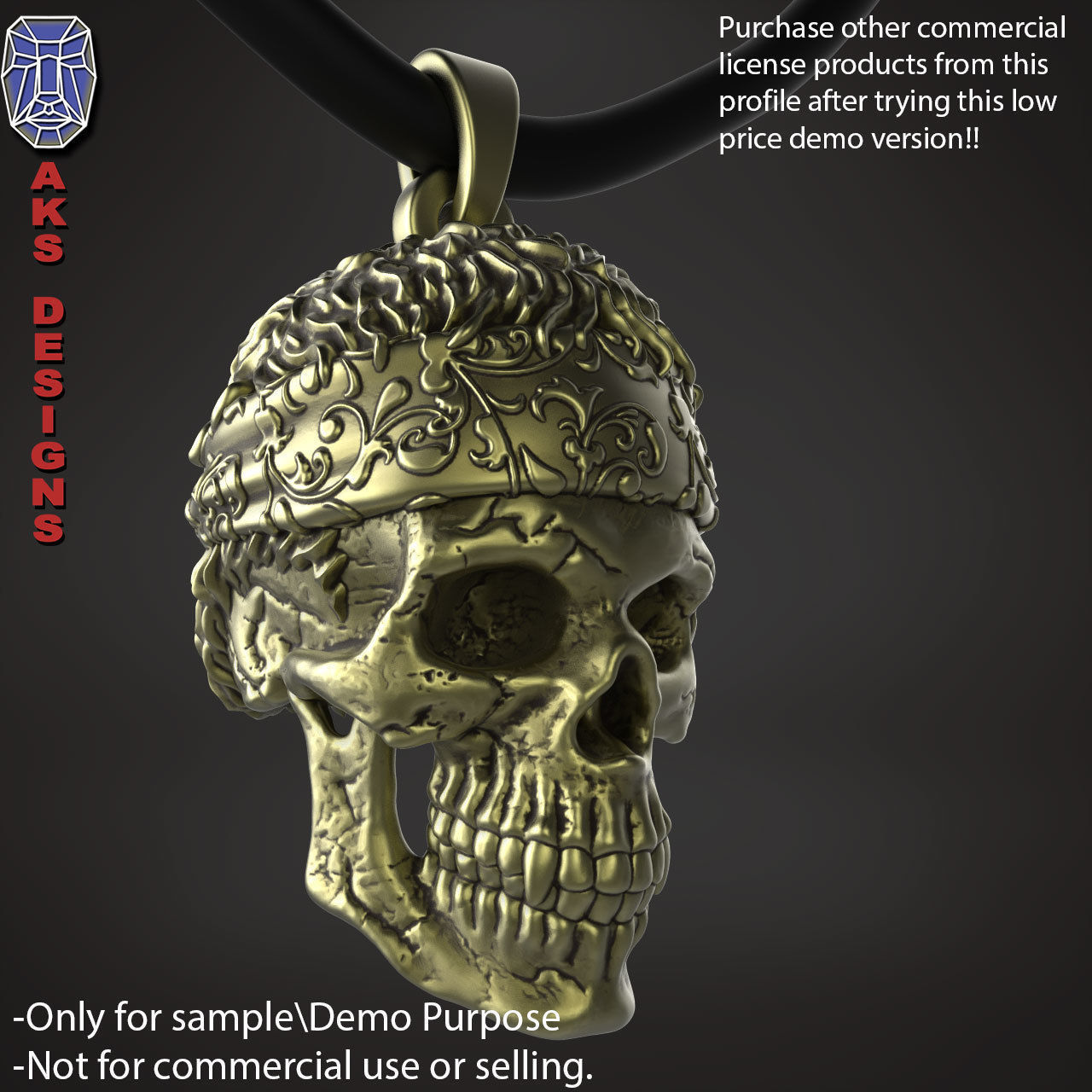 Biker skull with scarf 1 Pendant jewelry for demo use 3D print model_13