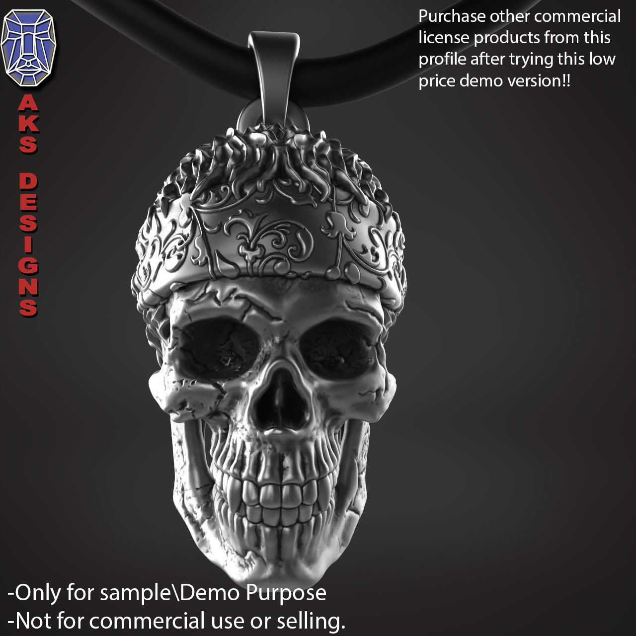 Biker skull with scarf 1 Pendant jewelry for demo use 3D print model_15