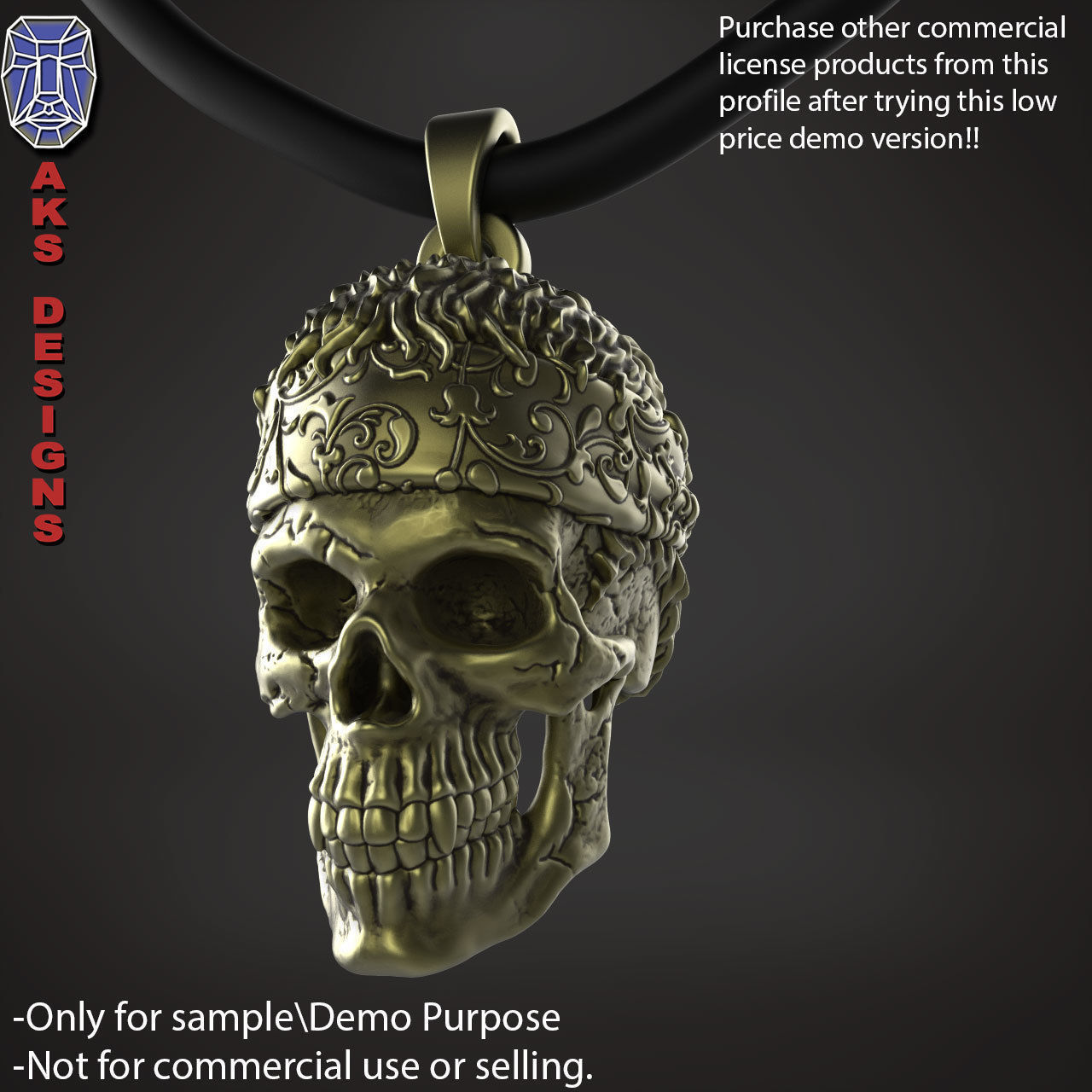 Biker skull with scarf 1 Pendant jewelry for demo use 3D print model_1