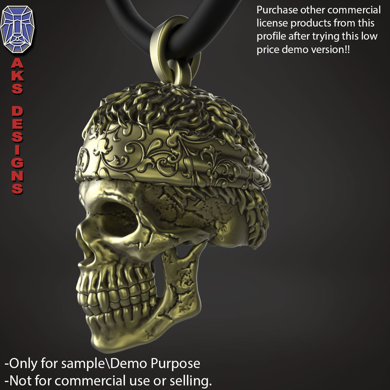 Biker skull with scarf 1 Pendant jewelry for demo use 3D print model_4