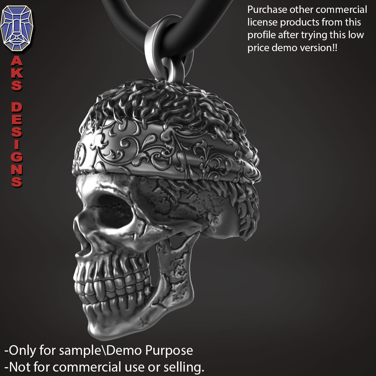Biker skull with scarf 1 Pendant jewelry for demo use 3D print model_3