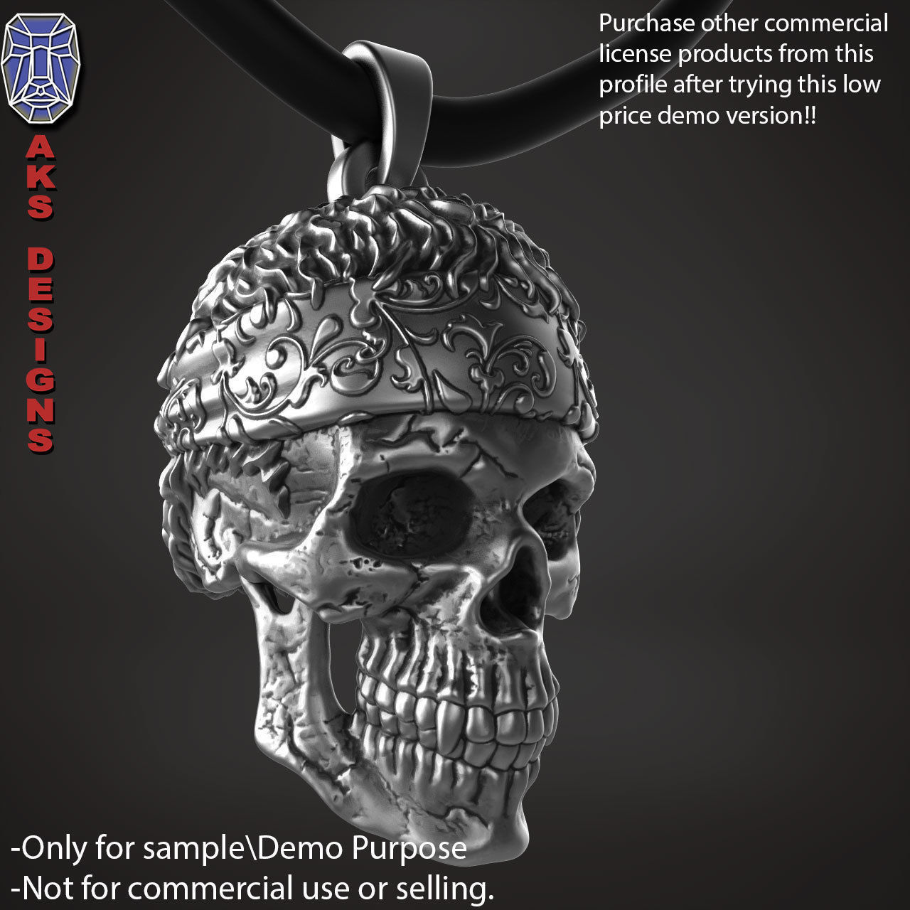 Biker skull with scarf 1 Pendant jewelry for demo use 3D print model_12