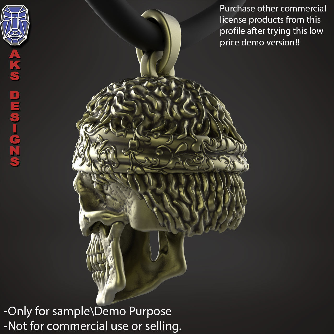 Biker skull with scarf 1 Pendant jewelry for demo use 3D print model_7