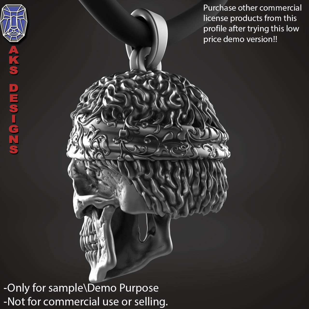 Biker skull with scarf 1 Pendant jewelry for demo use 3D print model_6