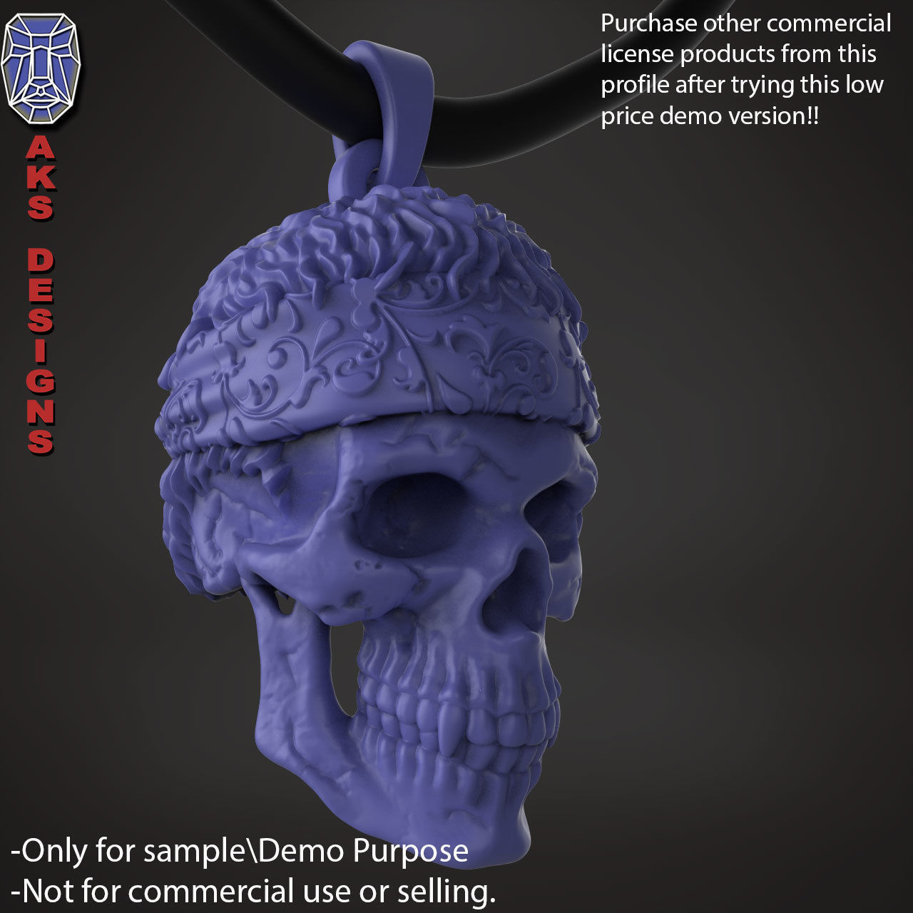 Biker skull with scarf 1 Pendant jewelry for demo use 3D print model_14