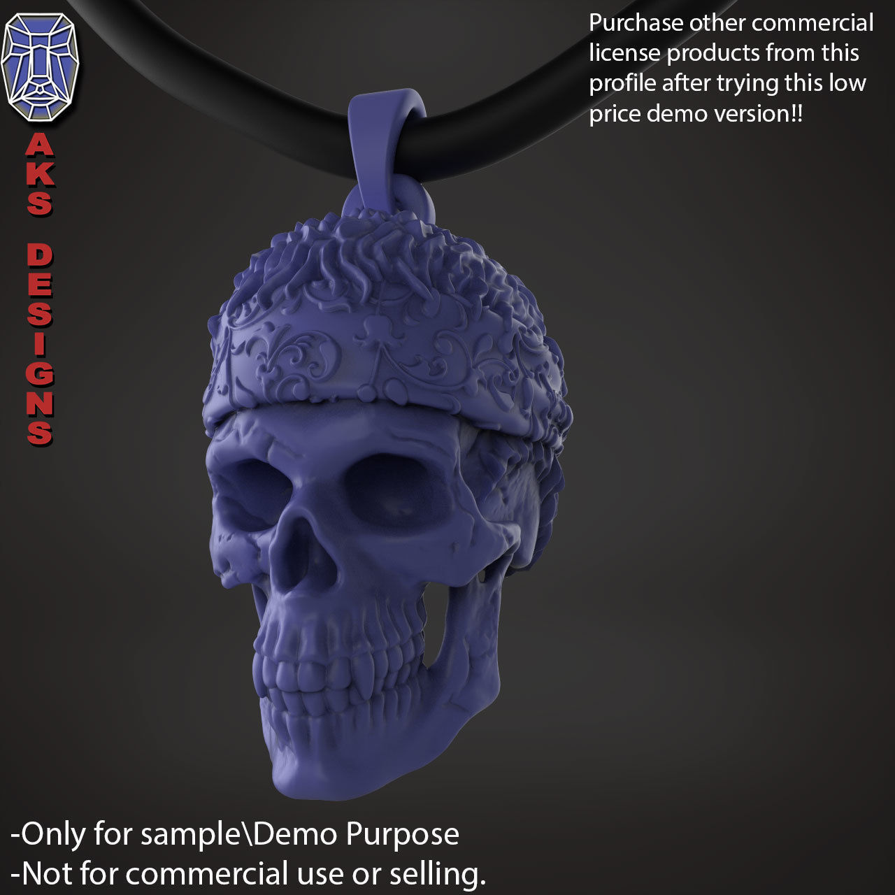 Biker skull with scarf 1 Pendant jewelry for demo use 3D print model_2