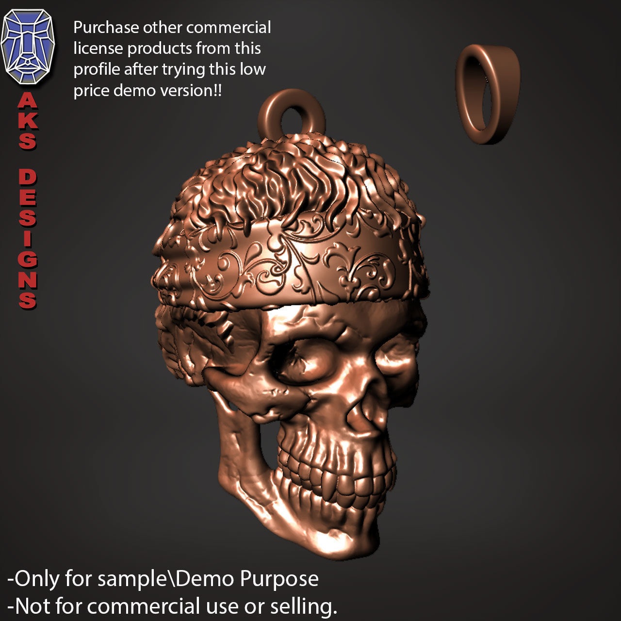 Biker skull with scarf 1 Pendant jewelry for demo use 3D print model_25