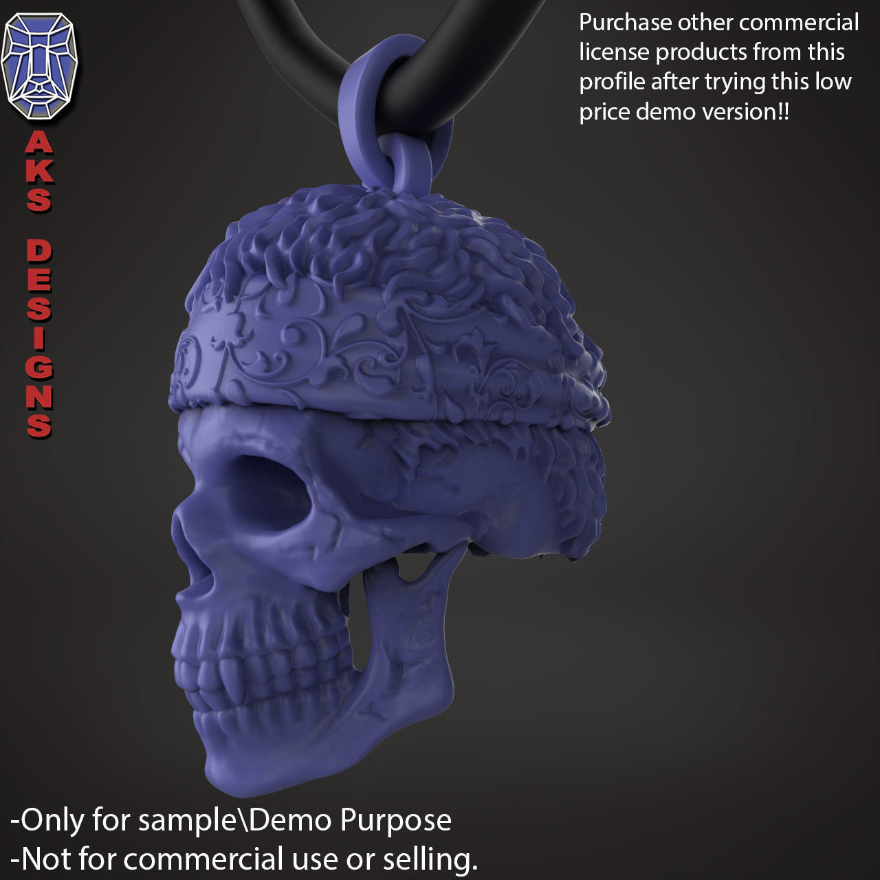 Biker skull with scarf 1 Pendant jewelry for demo use 3D print model_5