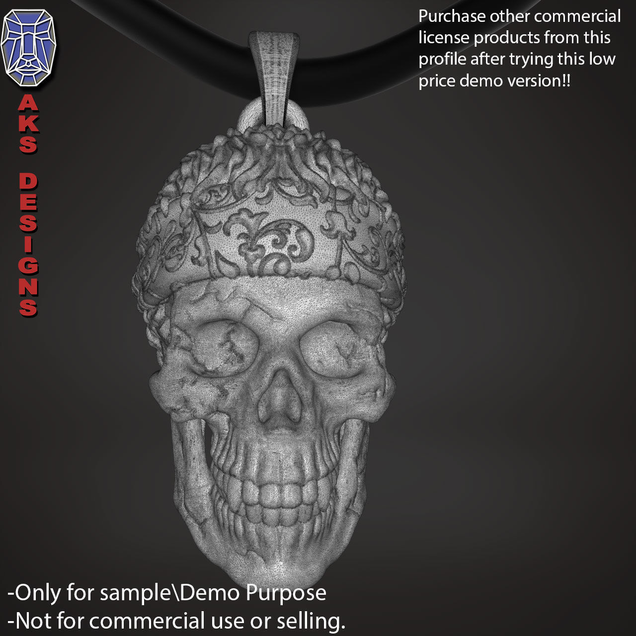 Biker skull with scarf 1 Pendant jewelry for demo use 3D print model_23