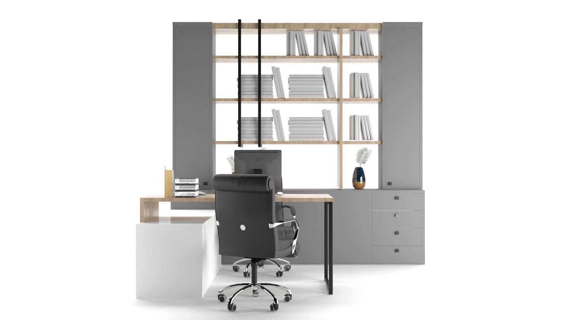 OFFICE SET desk with bookshelves 3D model_1