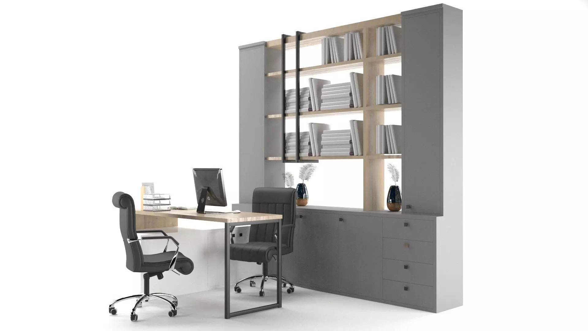 OFFICE SET desk with bookshelves 3D model_0