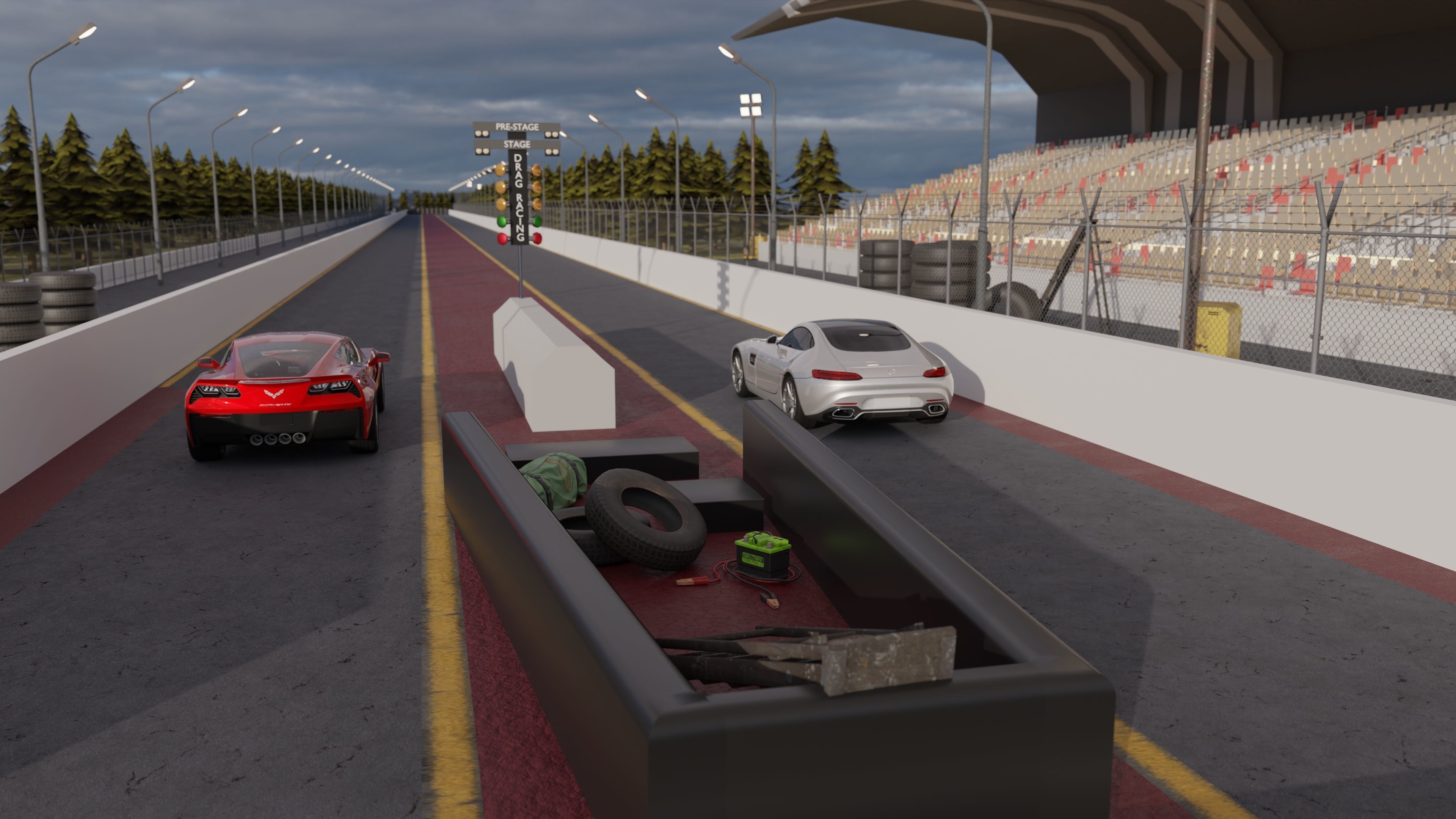 Drag Race - Race Track with 2 Cars Low-poly 3D model_1