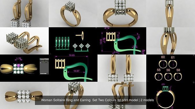 Woman Solitaire Ring and Earring  Set Two Colours 3d print model 3D Model Collection