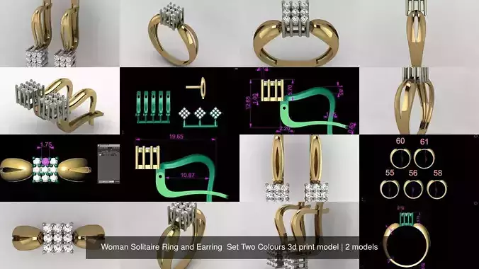 Woman Solitaire Ring and Earring  Set Two Colours 3d print model