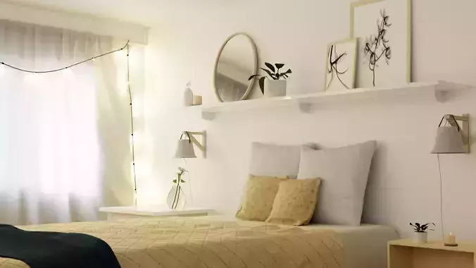 Bedroom round mirror on shelf