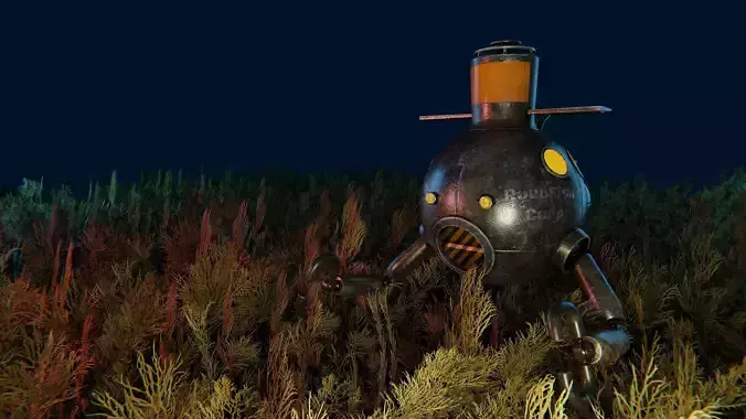 Submarine robot in tall grass at night Low-poly 3D model