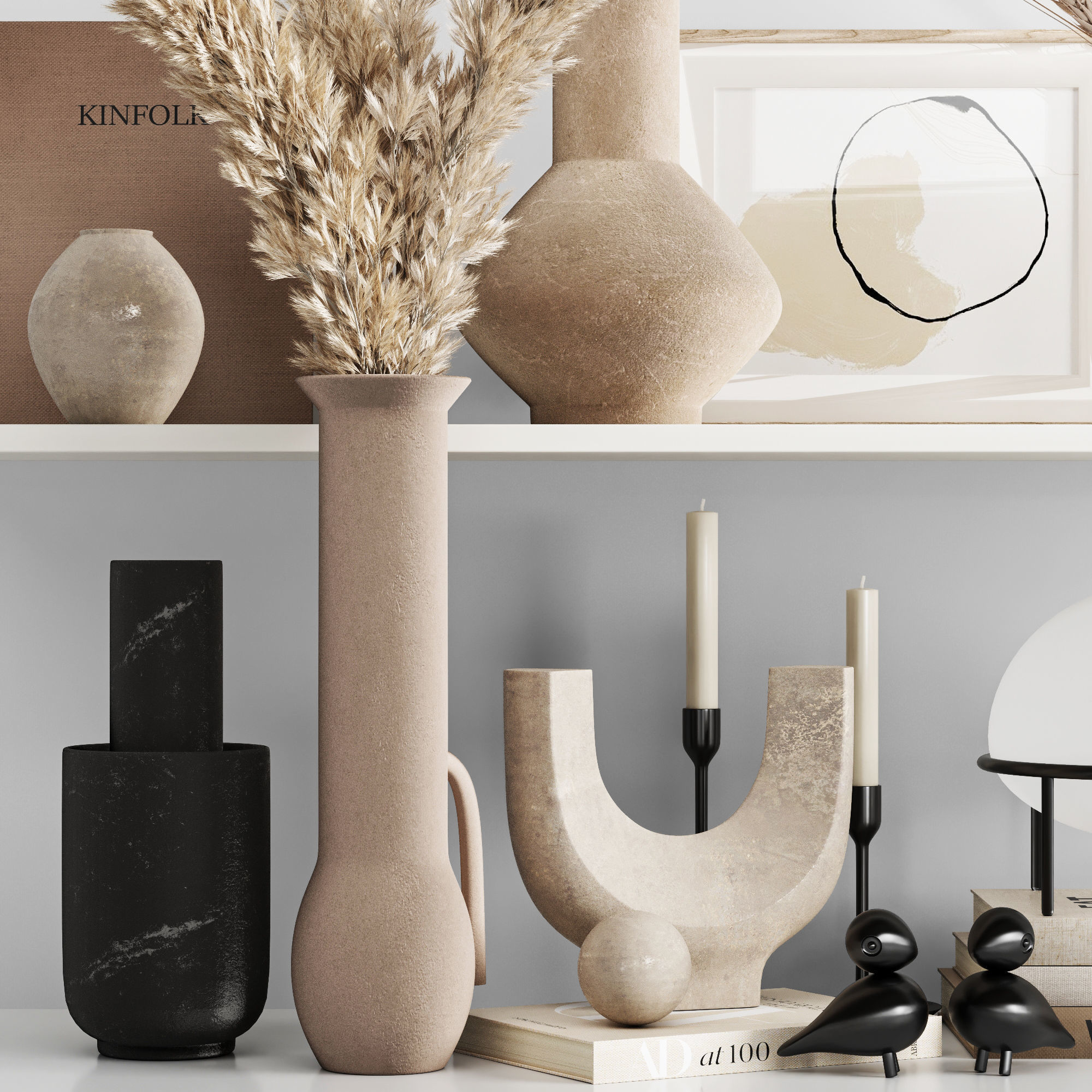 Decorative set vases and books on shelf 3D model_2