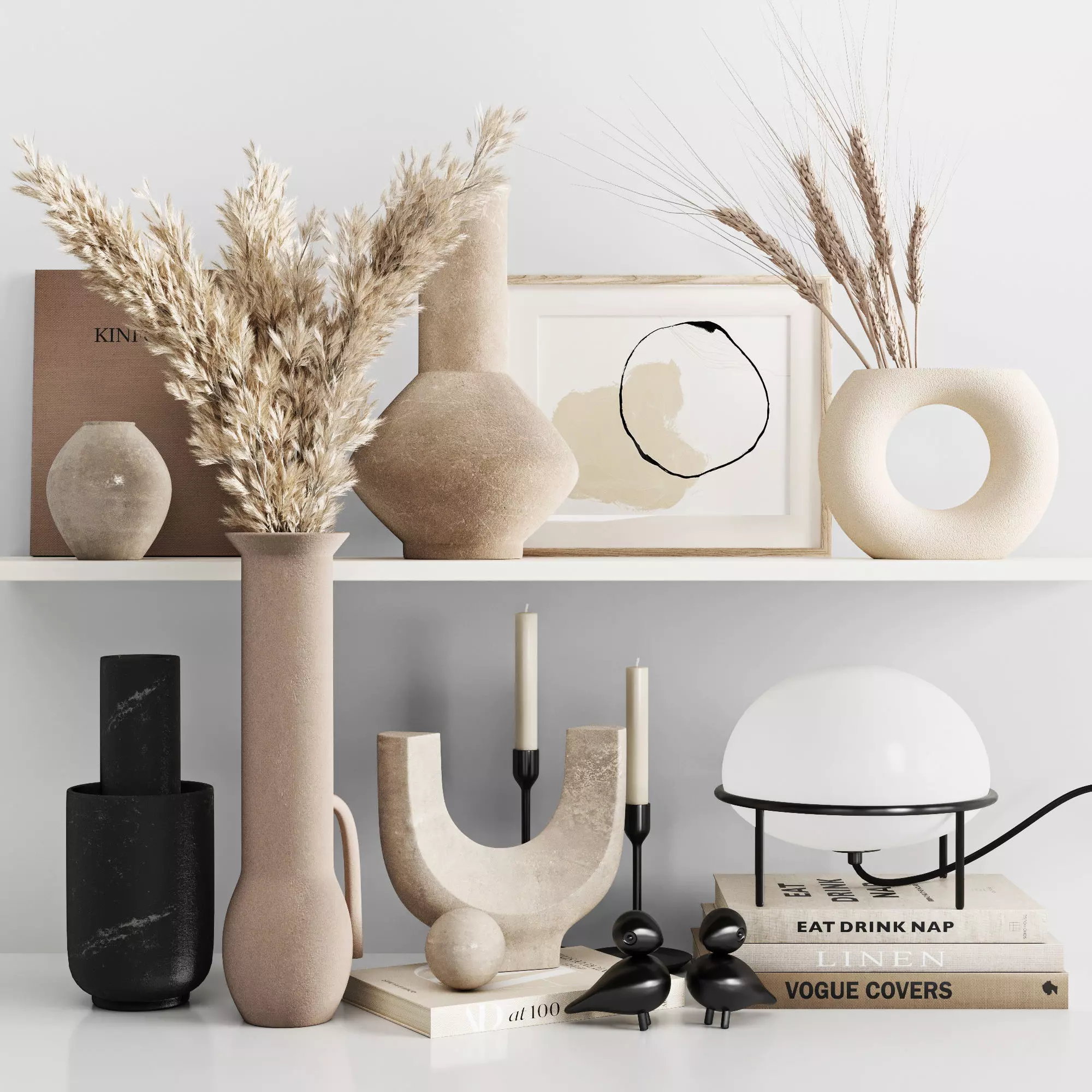 Decorative set vases and books on shelf 3D model_0