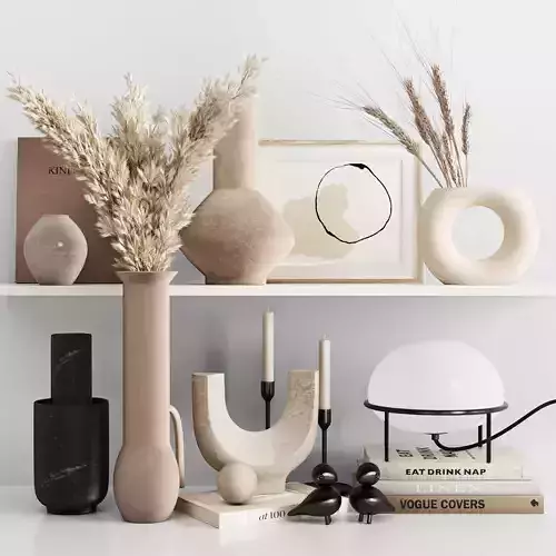 Decorative set vases and books on shelf