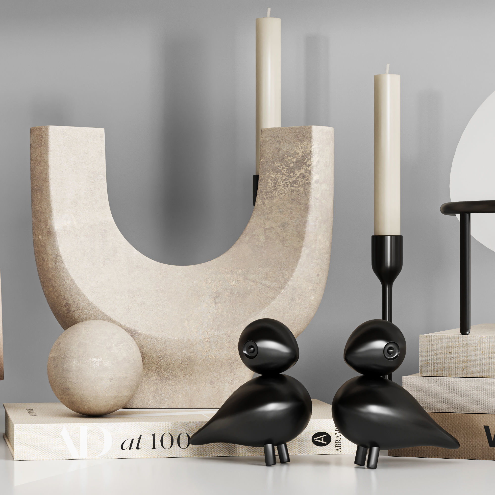 Decorative set vases and books on shelf 3D model_1