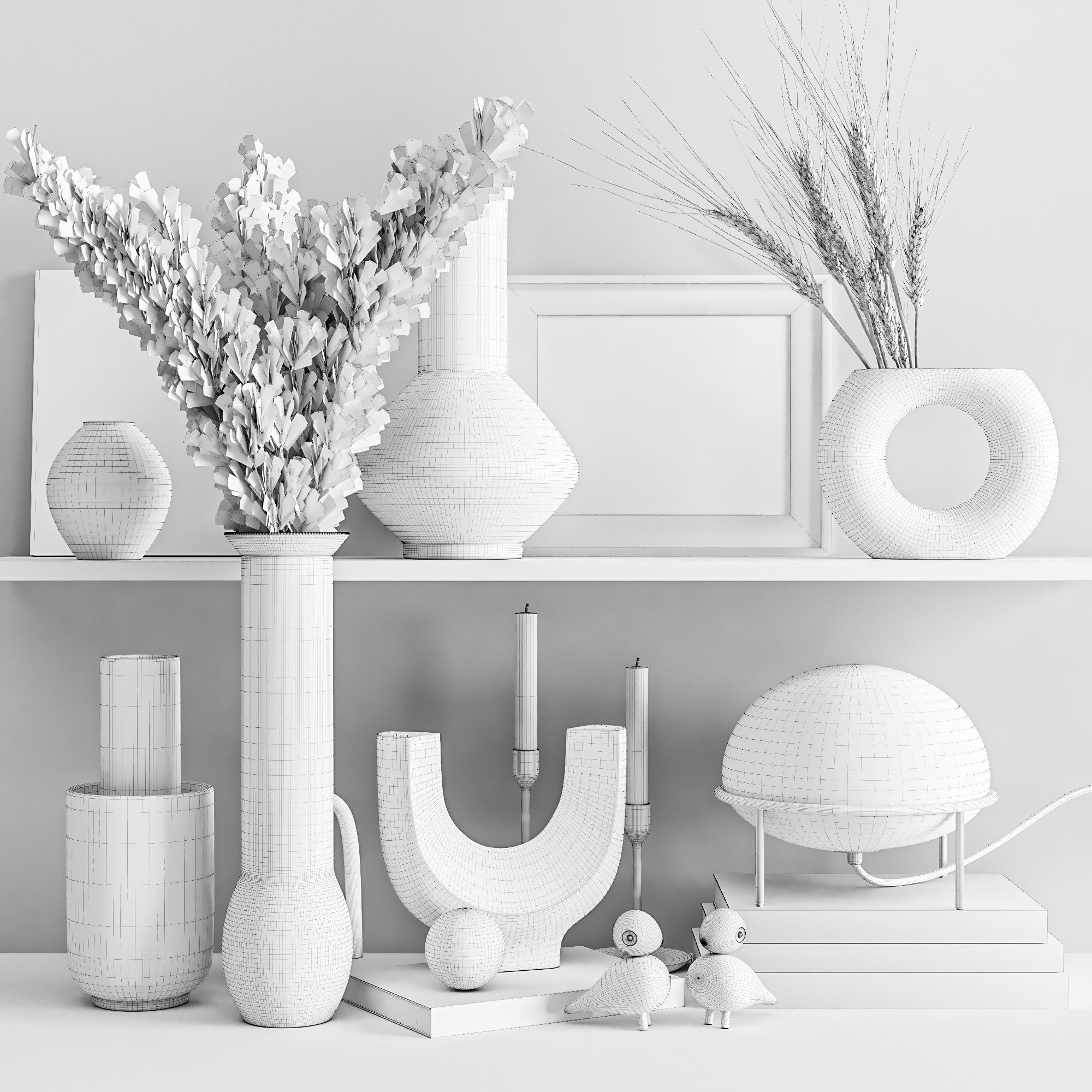 Decorative set vases and books on shelf 3D model_4