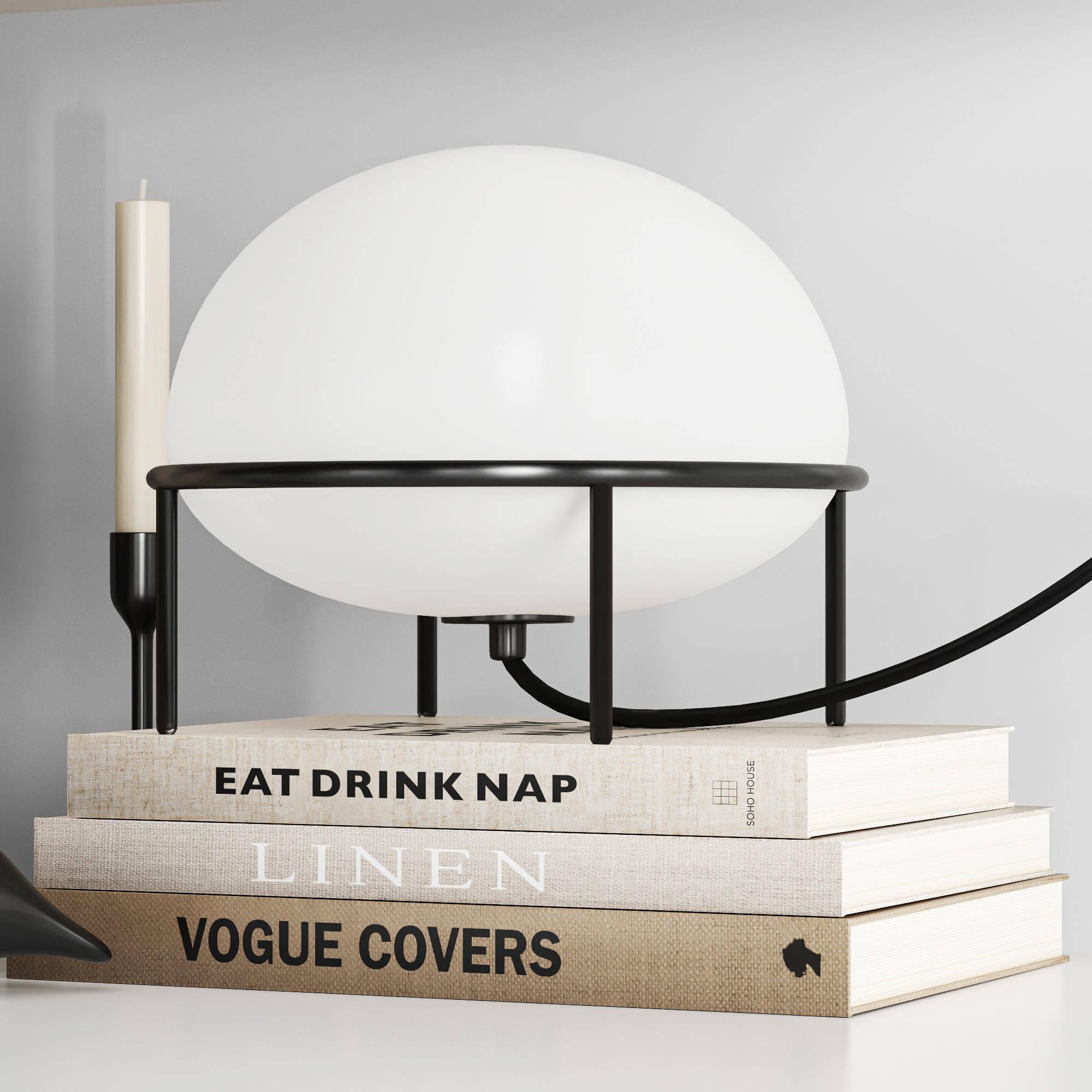 Decorative set vases and books on shelf 3D model_3