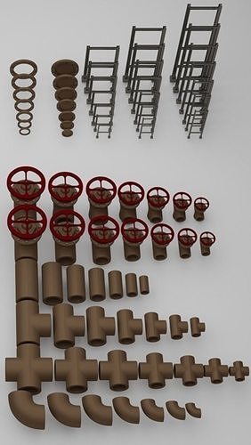 Modular pipe parts for scene 3D model