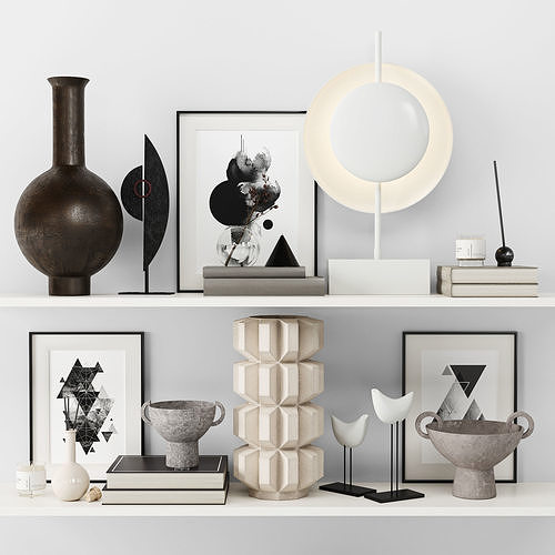 Decorative set shelf with two bird figurines and bowl 3D model