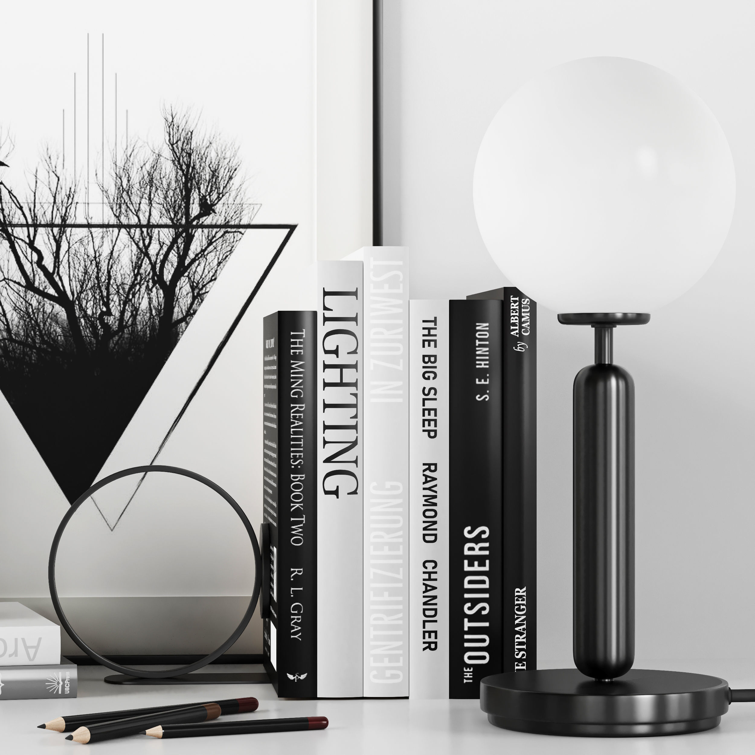 Decorative set bookshelf with bird figurines 3D model_1