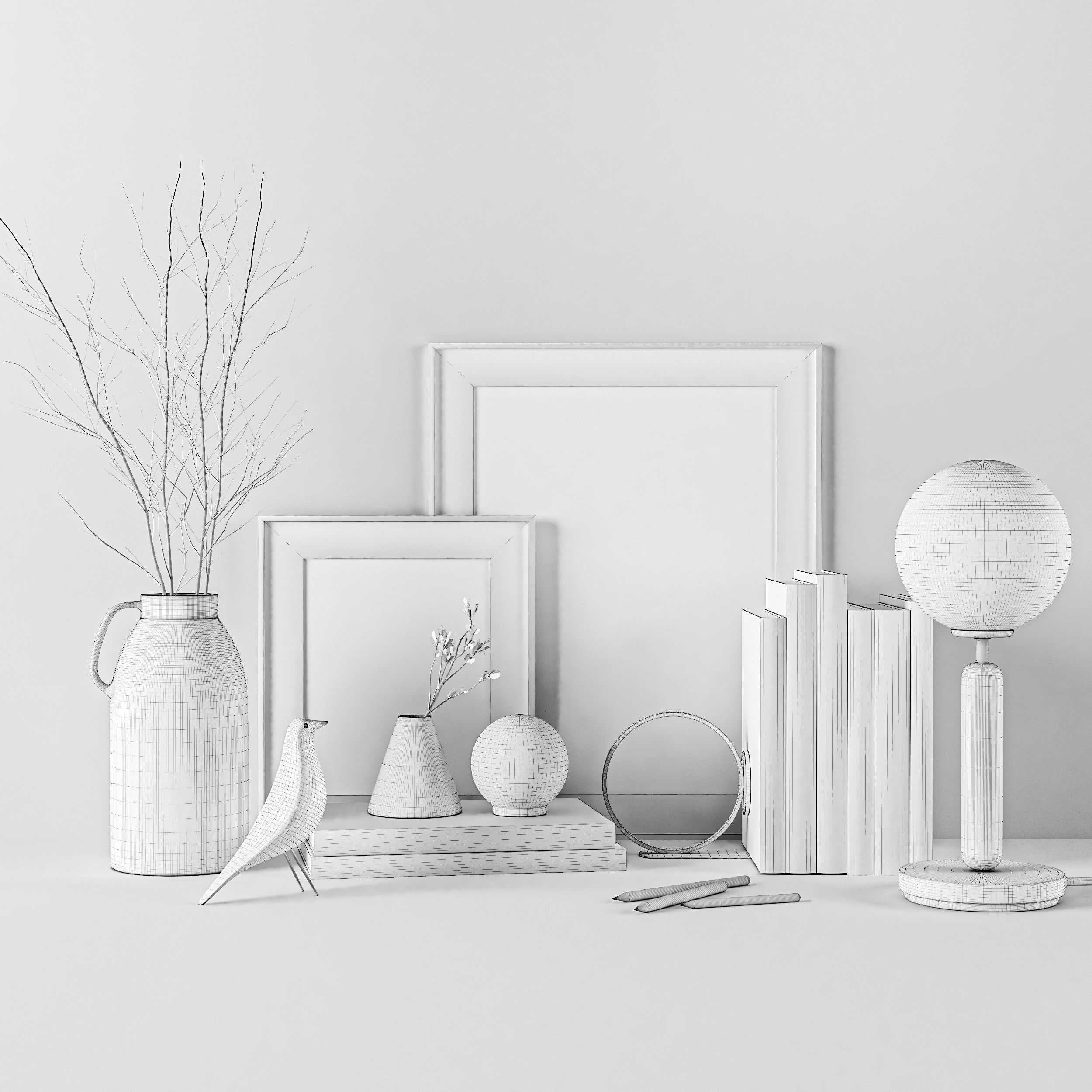 Decorative set bookshelf with bird figurines 3D model_4