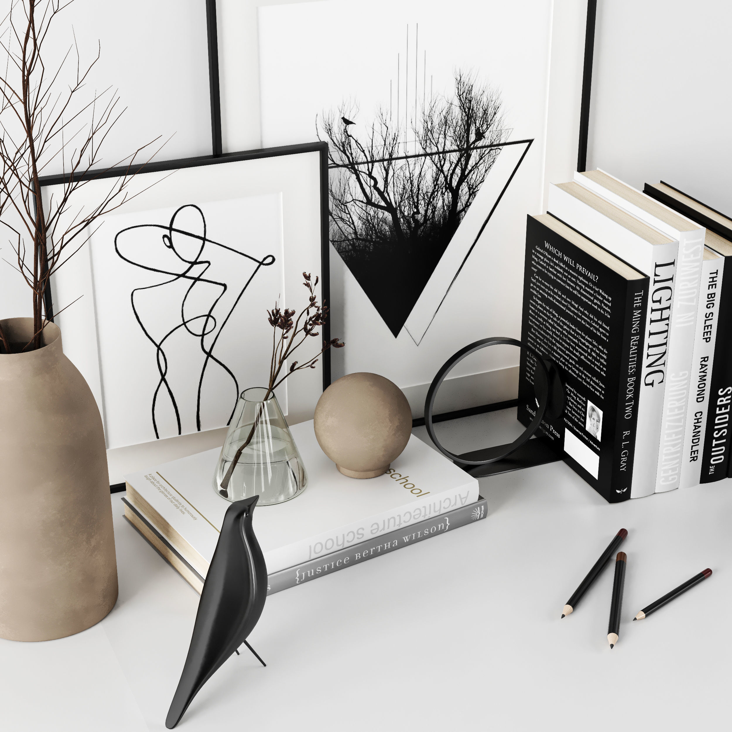 Decorative set bookshelf with bird figurines 3D model_3