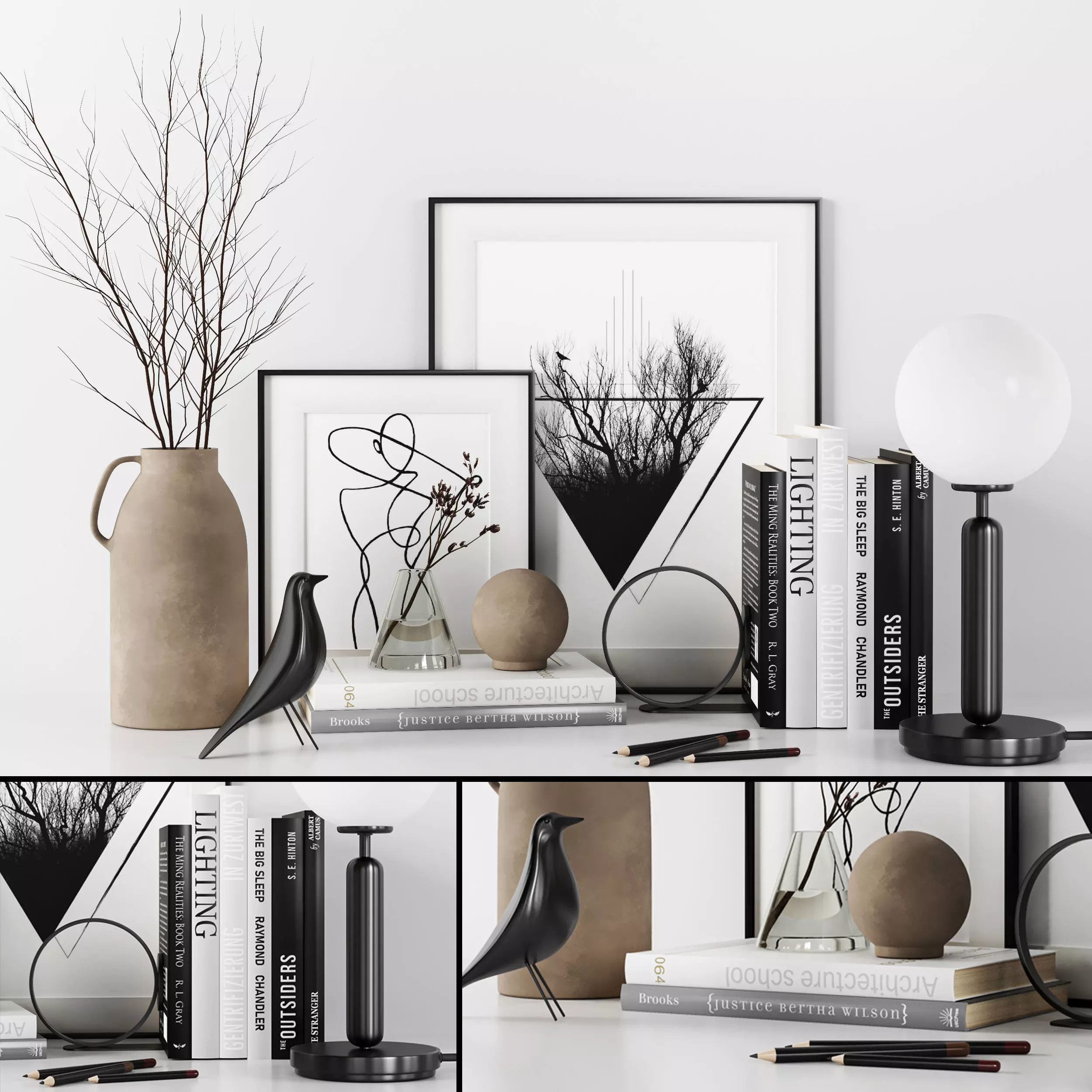 Decorative set bookshelf with bird figurines 3D model_0