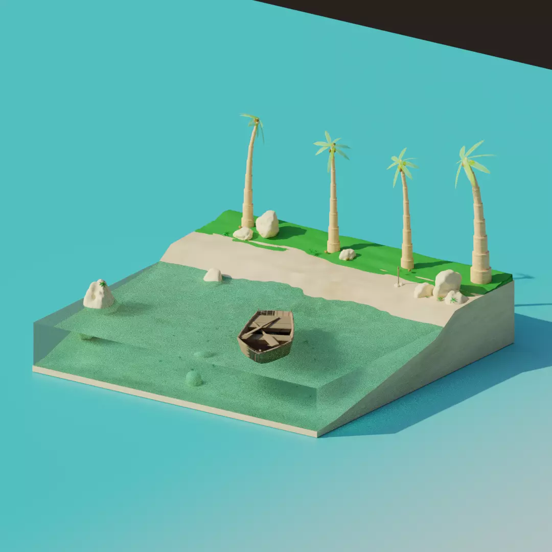 Island with palm trees and boat 3D model_0