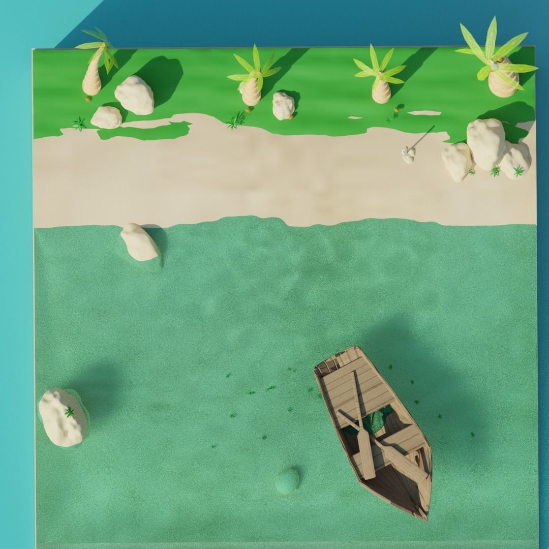 Island with palm trees and boat 3D model_2