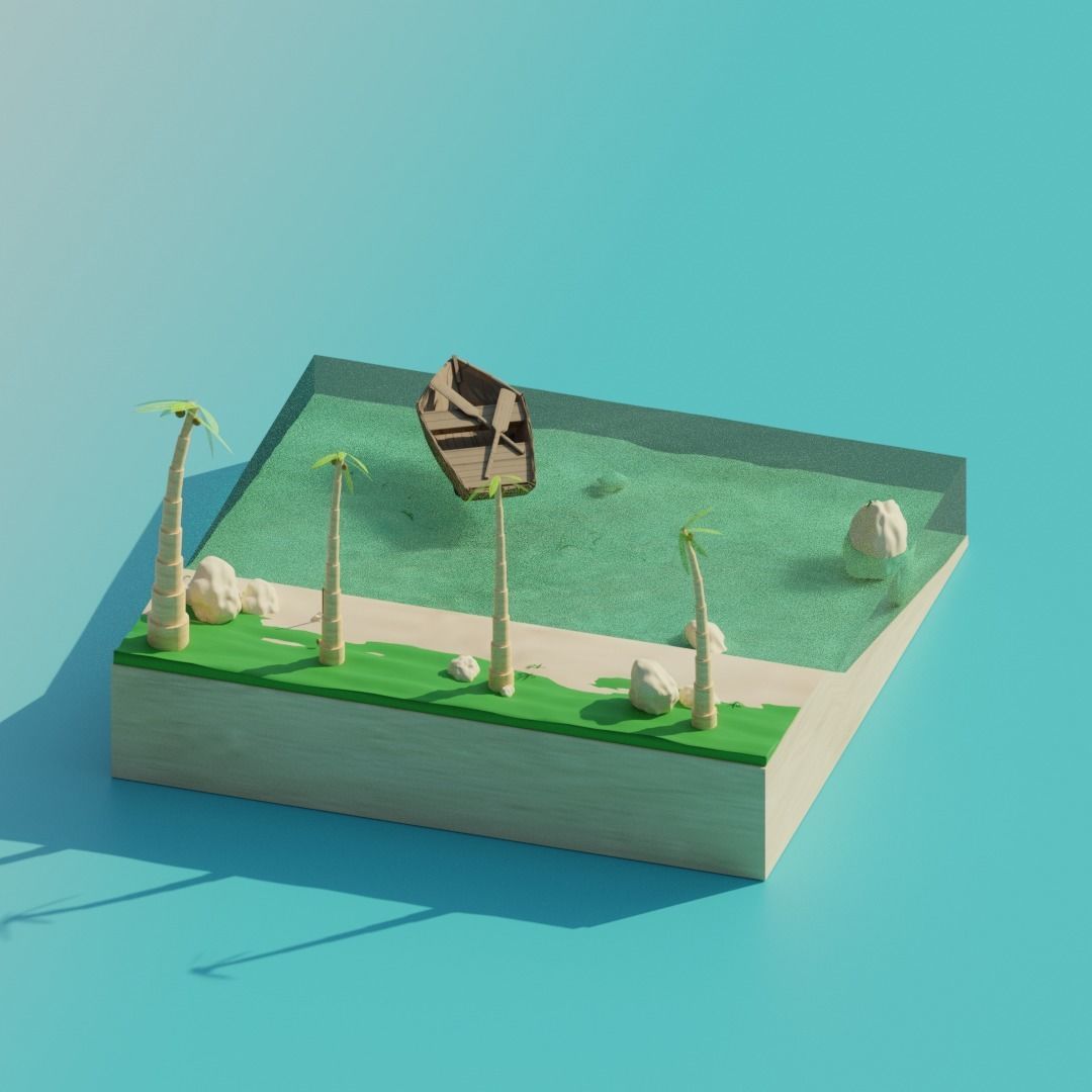 Island with palm trees and boat 3D model_1